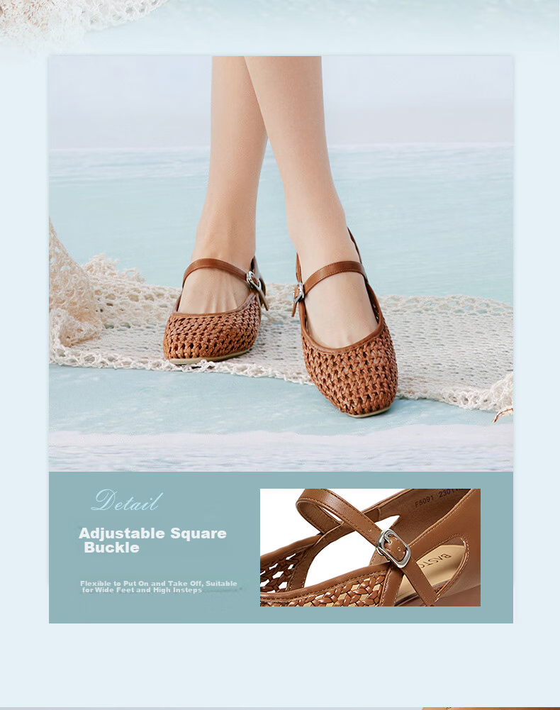 BASTO French Style Woven Hollow Breathable Ballet Mary Jane Sandals Women's Flats F5091BQ6 9