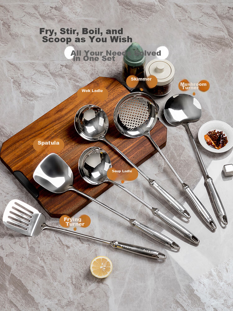 Banwu Life 316 Stainless Steel Mushroom Shovel Food Grade Mushroom Spatula Household Stir Fry Spoon High-end Iron Wok Spatula 26