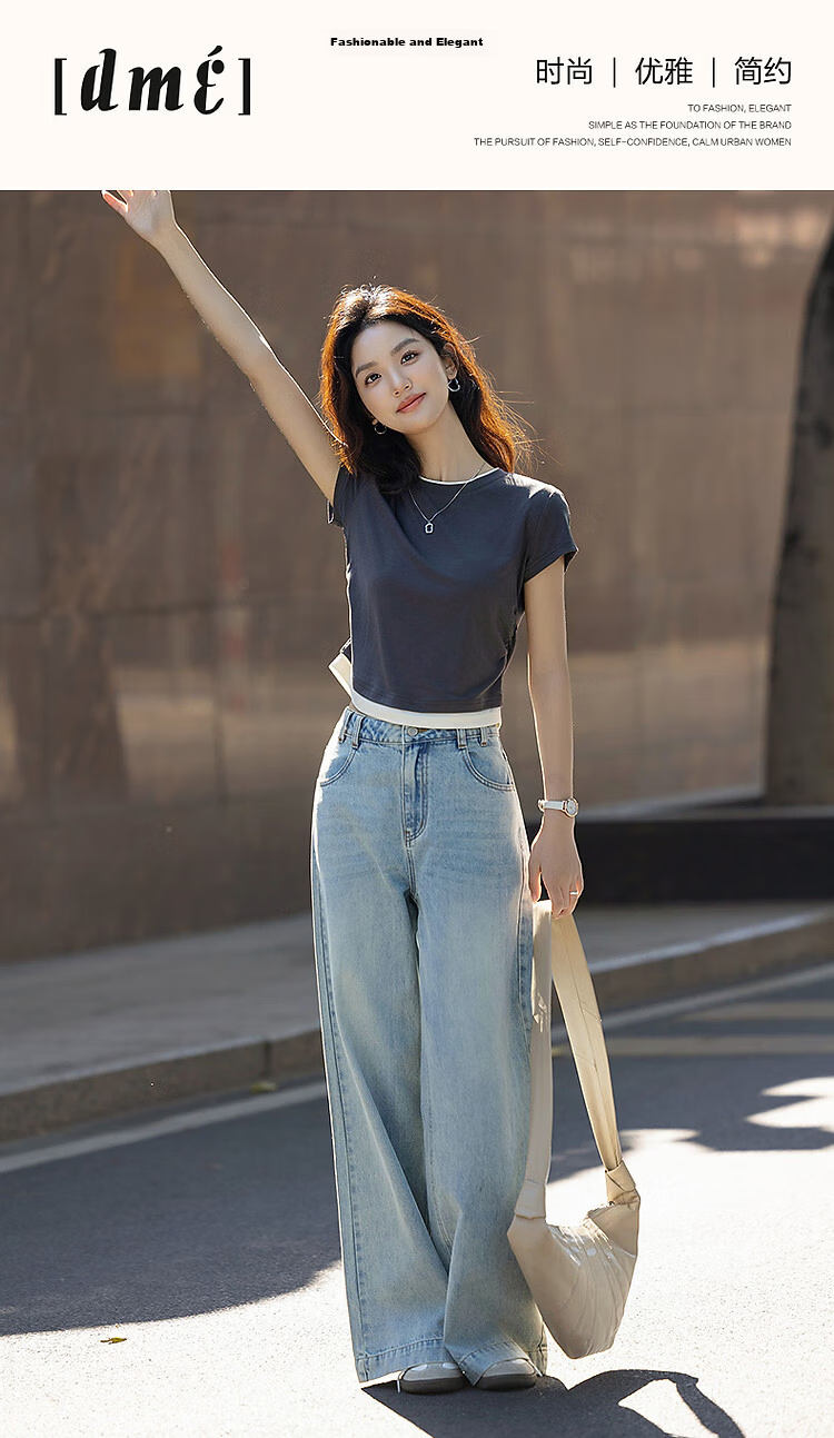 Demana [with Lyocell] Summer Elegant Colorblock Crew Neck Short Sleeve Slim Fit T-Shirt for Petite Women 1