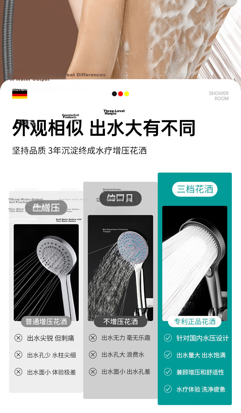 JROR [Seiko] High-Pressure Shower Head Set with Hose, Bathroom Powerful Water Flow Shower Kit 5