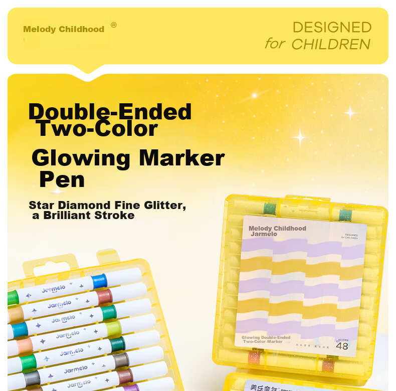 Melo Childhood Glitter Double-Ended Dual-Color Markers Children's Colored Watercolor Pens with Glitter for Journaling, Handwritten Reports, Drawing 48-Color Soft Tip Art Sparkling Flashing Fluorescent 1