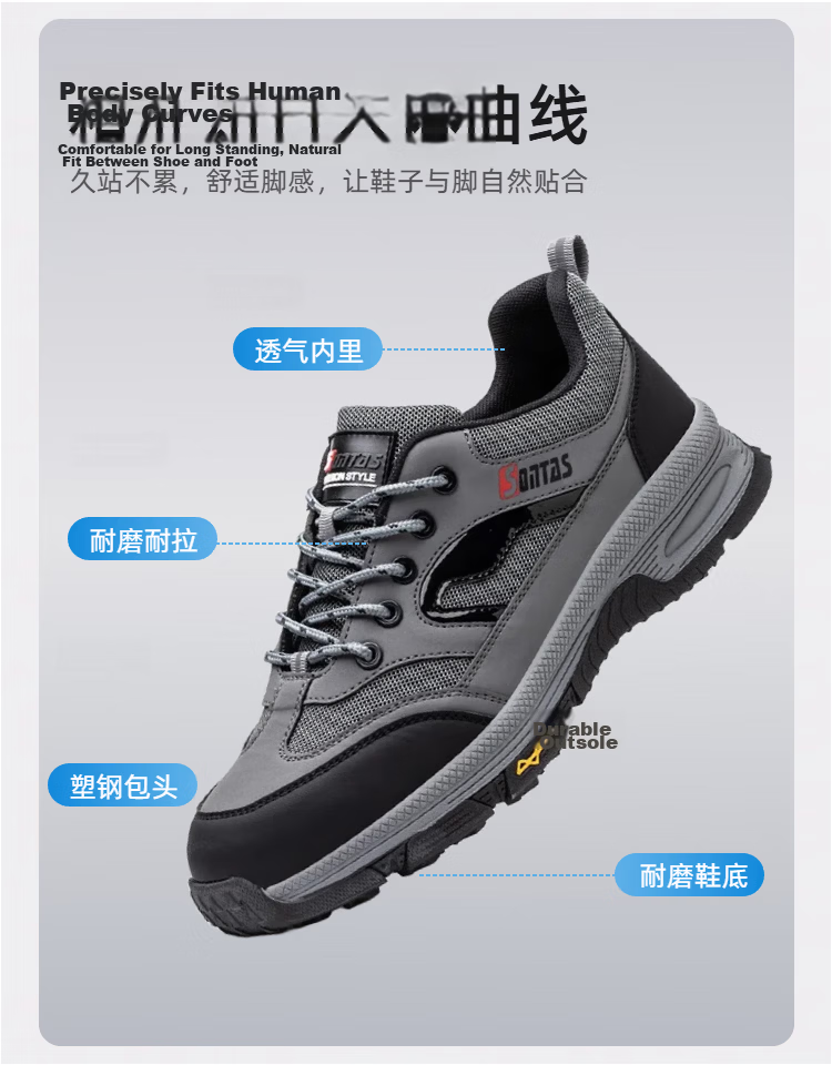 SONTAS Men's Summer Breathable Safety Shoes Anti-Smash Anti-Puncture Steel Toe Lightweight Soft Work Insulated Comfortable Water-Repellent Gray Full Leather - Anti-Smash Anti-Puncture Size 41 7