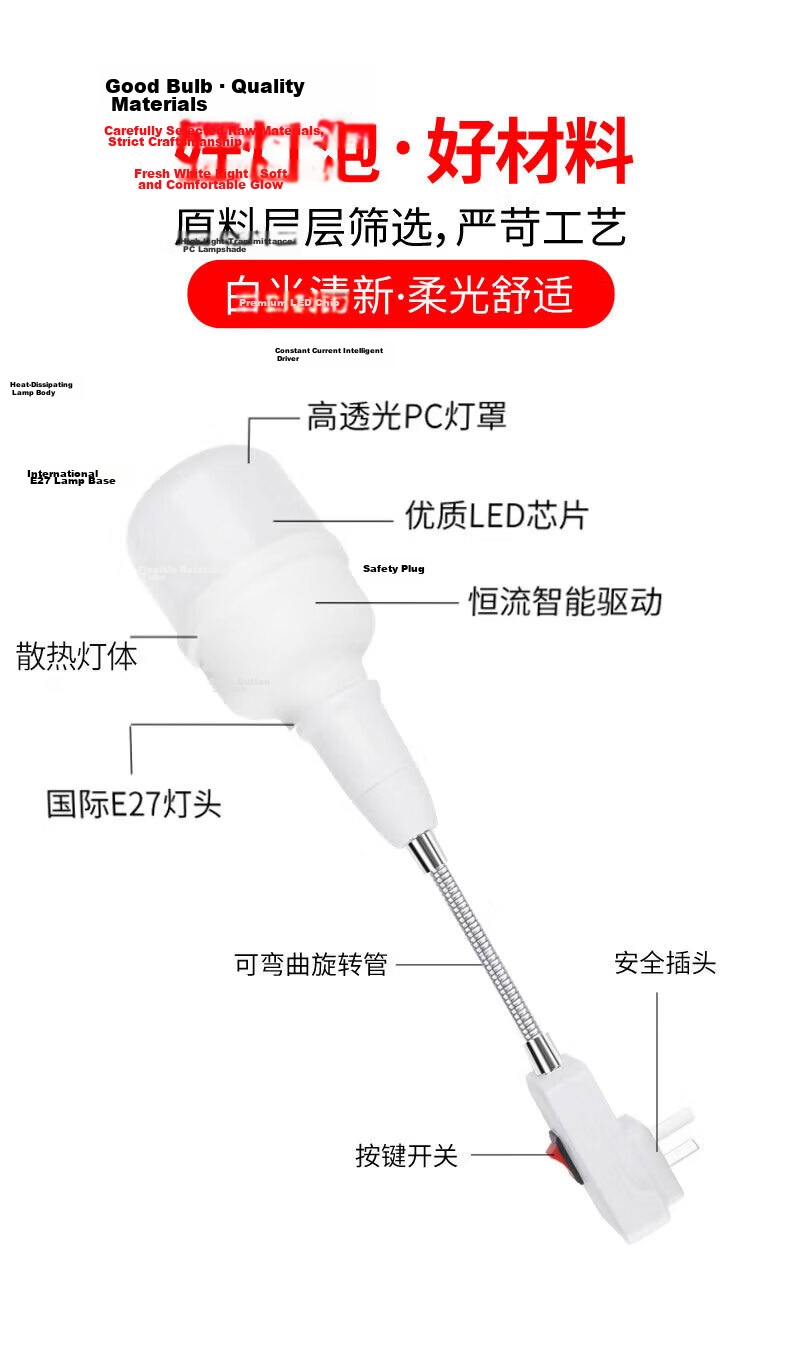 Dengling Full Spectrum Eye Protection Blue Light Blocking E27 Screw LED Socket Wall Bulb Adjustable Switch Bedside Home Plug-in Lamp 13