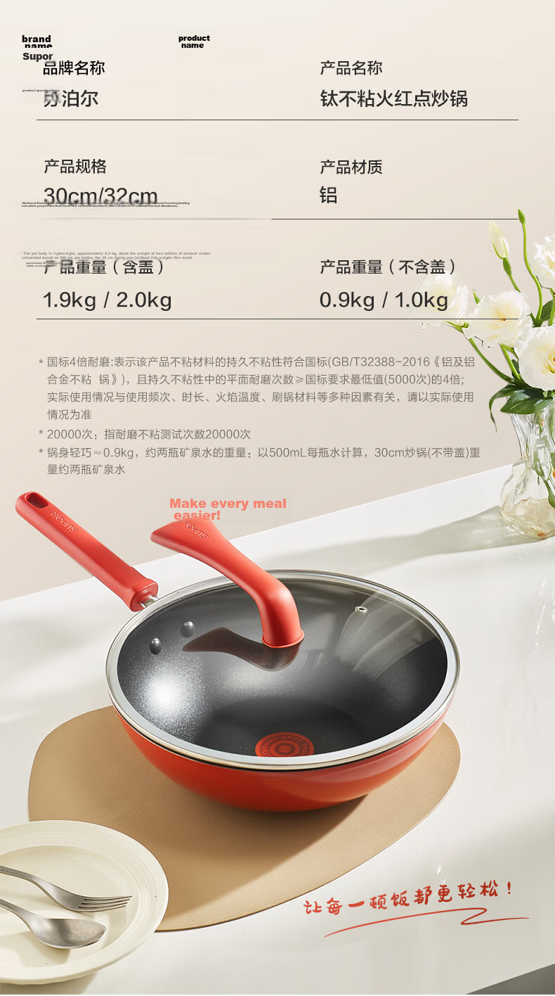 SUPOR New Upgraded Titanium Non-Stick Red Dot Frying Pan Lightweight Low Oil Smoke Gas and Induction Cooker Compatible 30cm 21