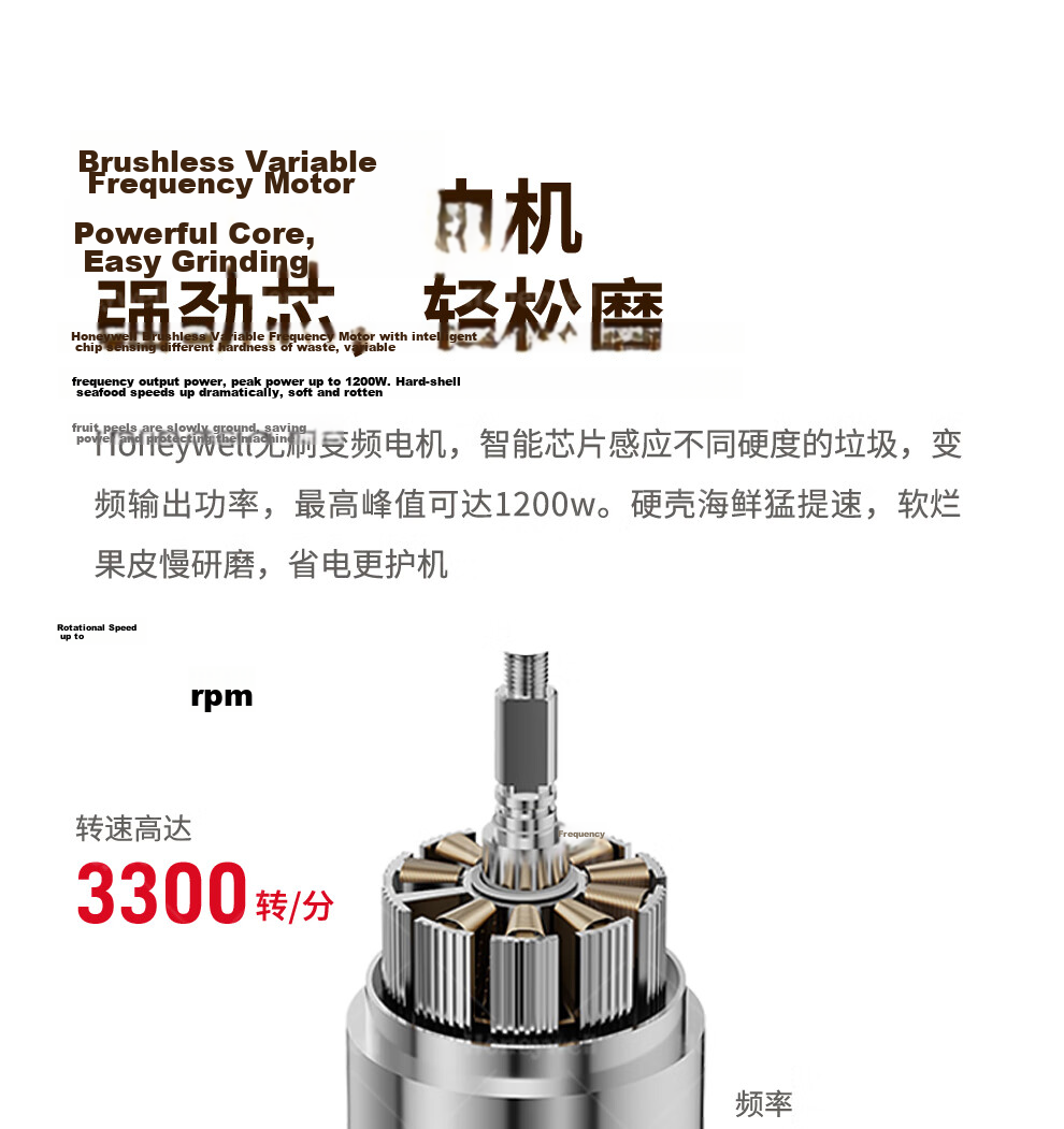Honeywell Kitchen Waste Disposer Automatic Water Inlet 1200W Smart Brushless Variable Frequency Motor X300U 15