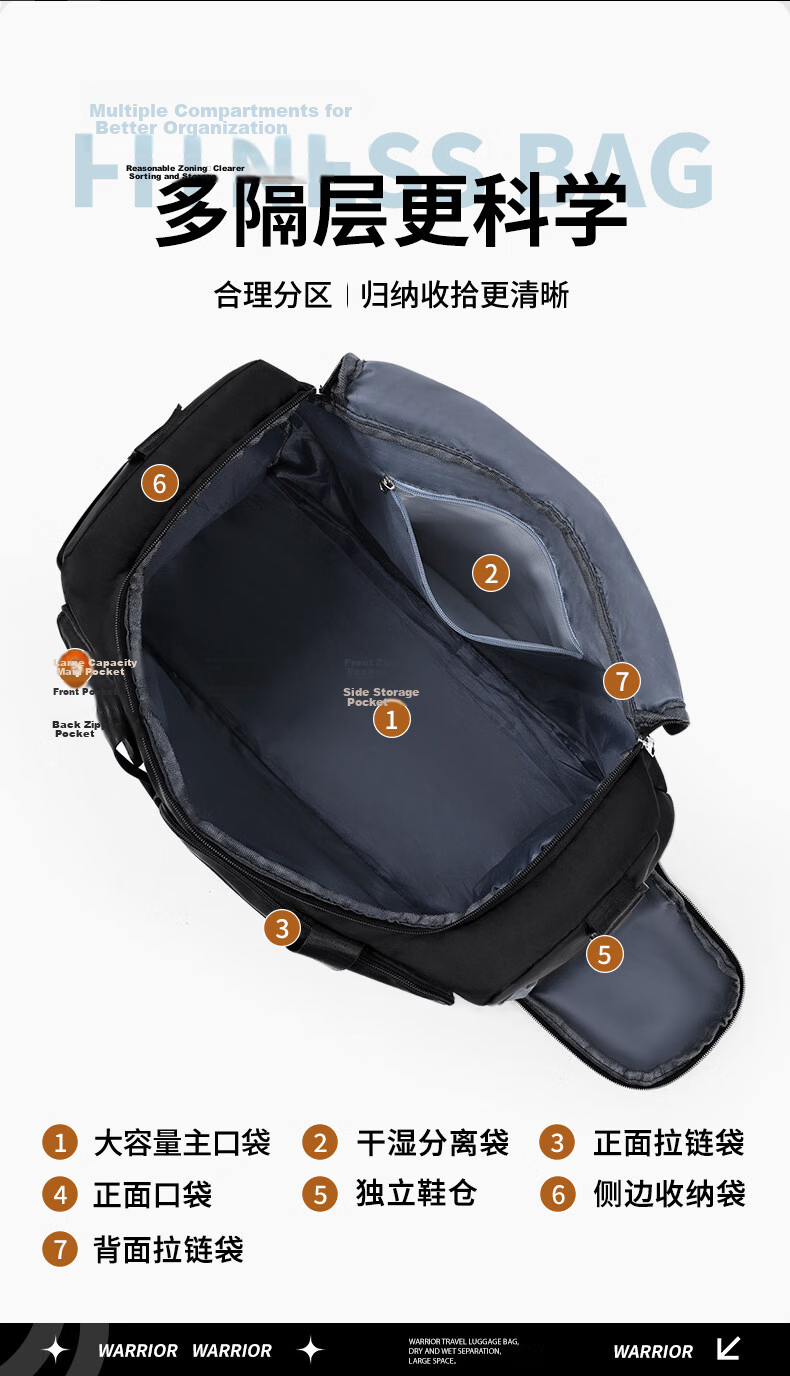 Warrior Men's Travel Bag Large Capacity Gym Bag with Wet and Dry Separation Handheld Bag for Business, School, Swimming, Sports, and Luggage 14