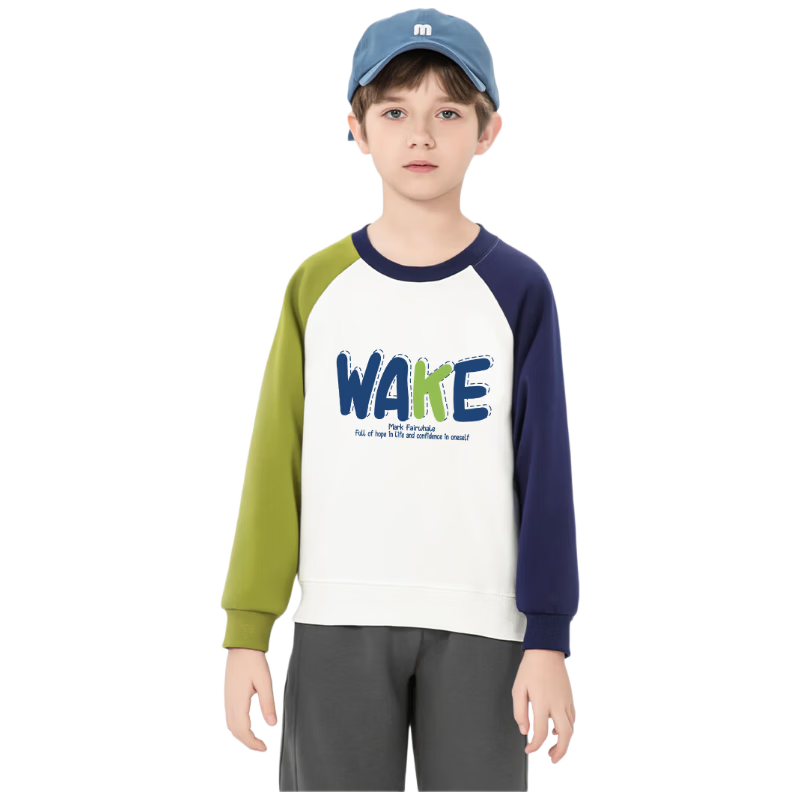 MARK FAIRWHALE Boys' Pullover Sweatshirt Spring and Autumn Crew Neck Raglan Top for Boys White with Green and Blue, Size 110