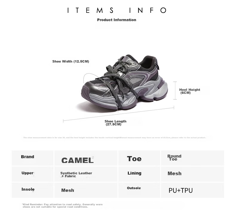 CAMEL Silver Star Dad Sneakers Women Mesh Patchwork Height Increasing Casual Shoes L26S283083W Silver (Breathable Mesh) Size 38 27