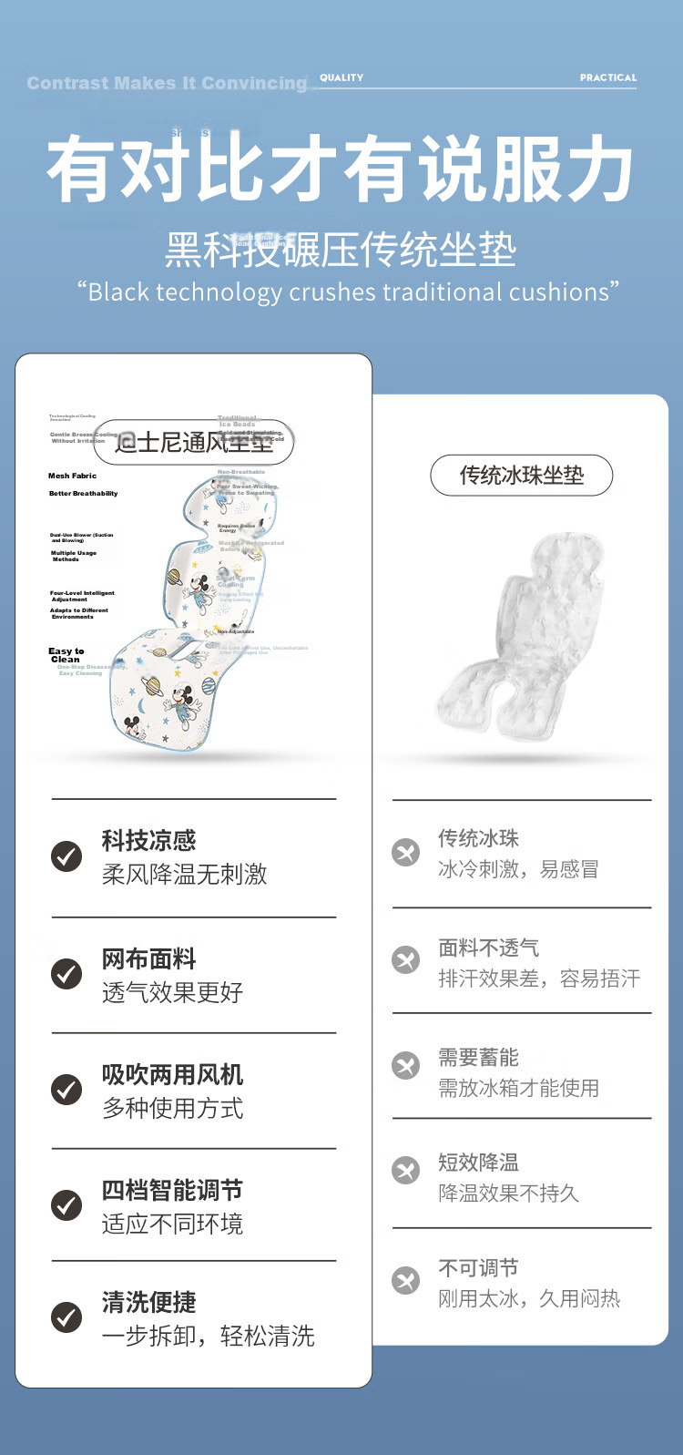 Disney Baby Stroller Cooling Mat Ventilated Seat Cushion Spring Summer Universal Stroller Car Seat Fan Circulating Dual-Use Blowing and Suction 6