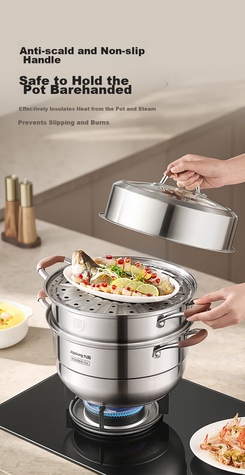 Joyoung 316L Stainless Steel Steamer Pot, Small Size for 2-3 People, Non-Coated Multifunctional Soup Steamer with High Dome Lid, Three Layers, 30cm 7