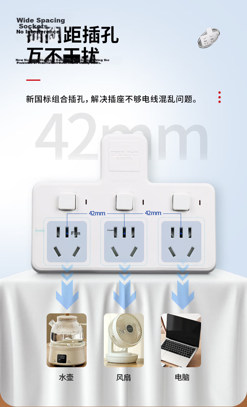 Delixi Electric Socket Power Converter Wireless Multi-Functional One-to-Three CDK603 9