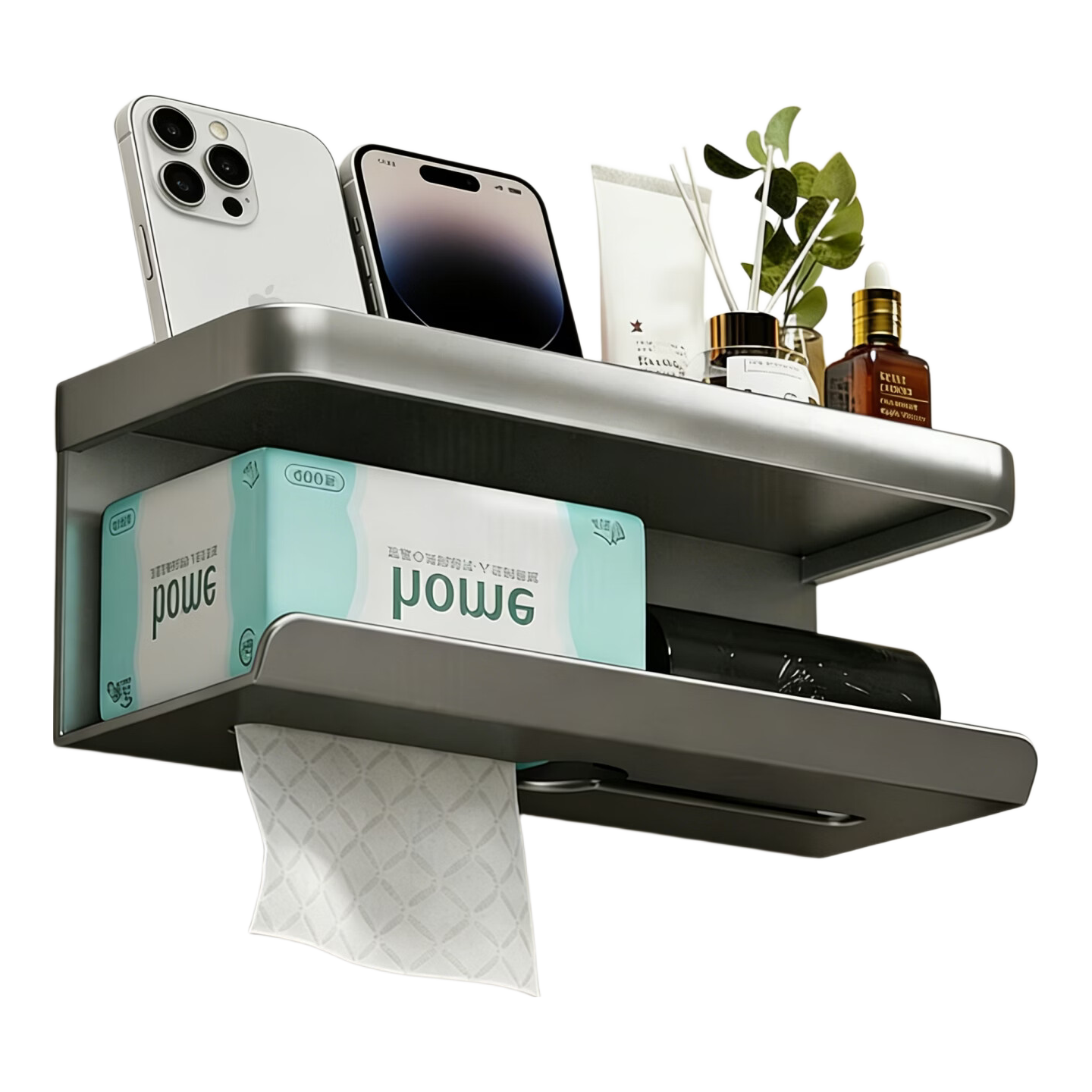 Xinpei Bathroom Tissue Holder, Space Aluminum, No Drilling Required, Double-Layer Paper Towel Dispenser, Toilet Roll Holder, Bathroom Storage Rack