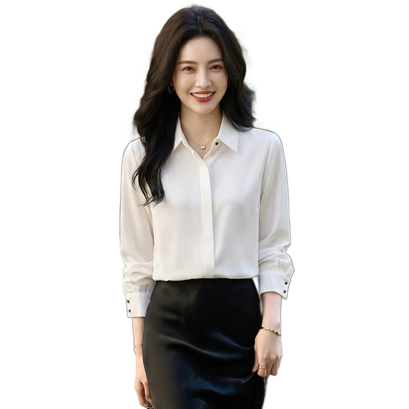 Chushen Long-Sleeve Shirt for Women, Professional Attire, Suitable for Students' Interviews, Elegant Casual Wear, Commuter White Blouse Top S43S001 Size M