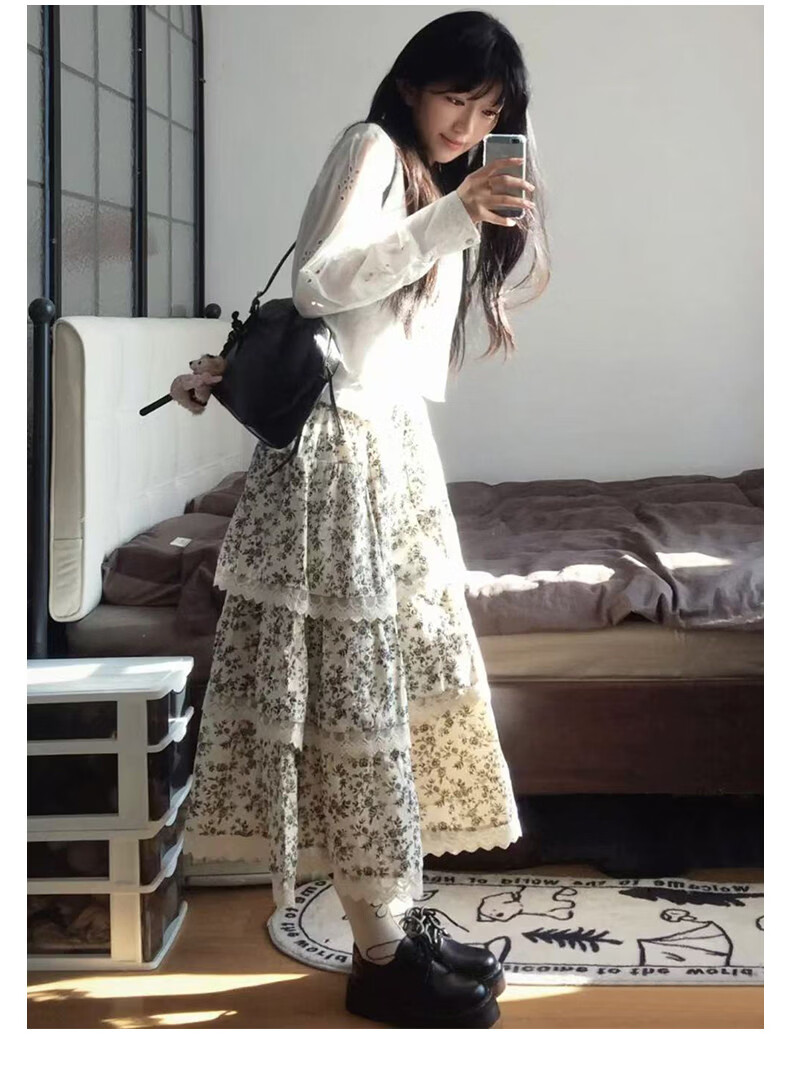 Borui French Lace Floral Print High-Waist Tiered Maxi Skirt Summer 2026 Slimming Puff Skirt 9