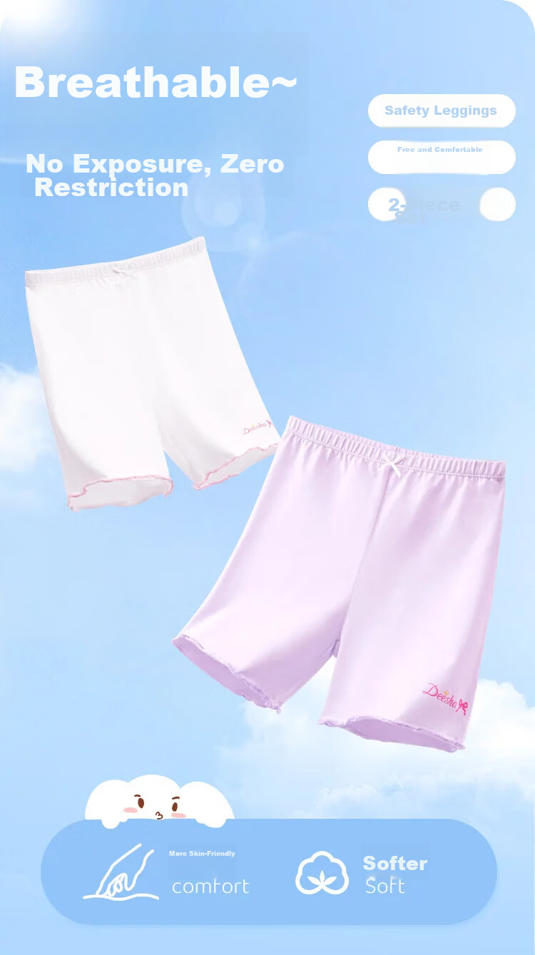 DEESHA Children's Safety Shorts, Girls' Summer Anti-Chafing Boyshorts, Big Kids' Square Shorts, White + Purple, Size 130 1