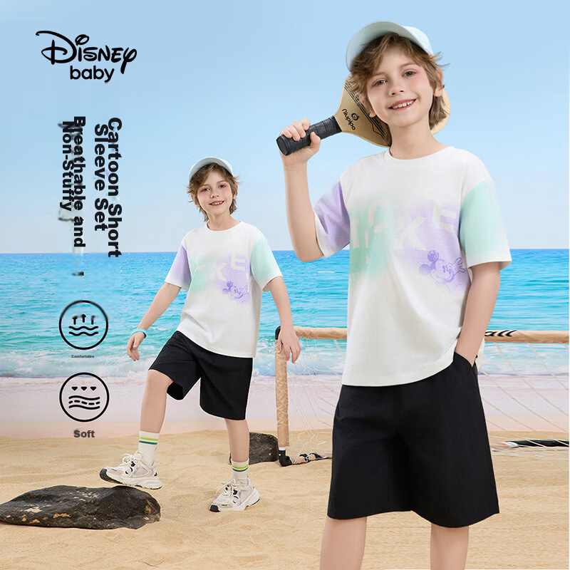 Disney Boys' Casual Short Sleeve T-Shirt and Shorts Set, Off-White, Size 110