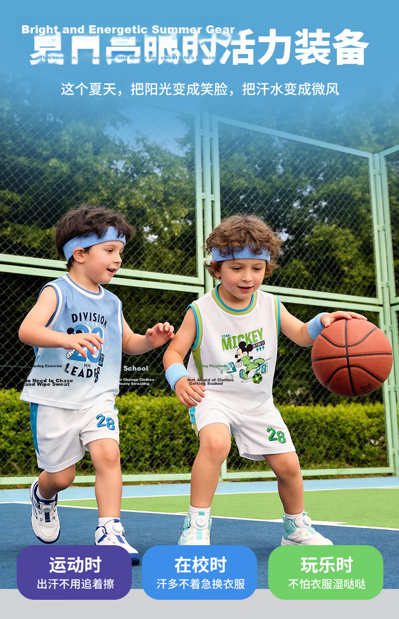 Disney Mickey Basketball Jersey Summer New Boys' Sleeveless Breathable T-Shirt Short Tennis Soccer Shirt Sky Blue 130 5