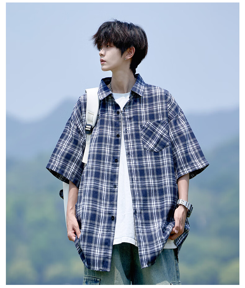 CLOR Men's Plaid Long Sleeve Shirt Spring Autumn Ins Loose Casual Retro Jacket CLCX10 Black 2XL 7