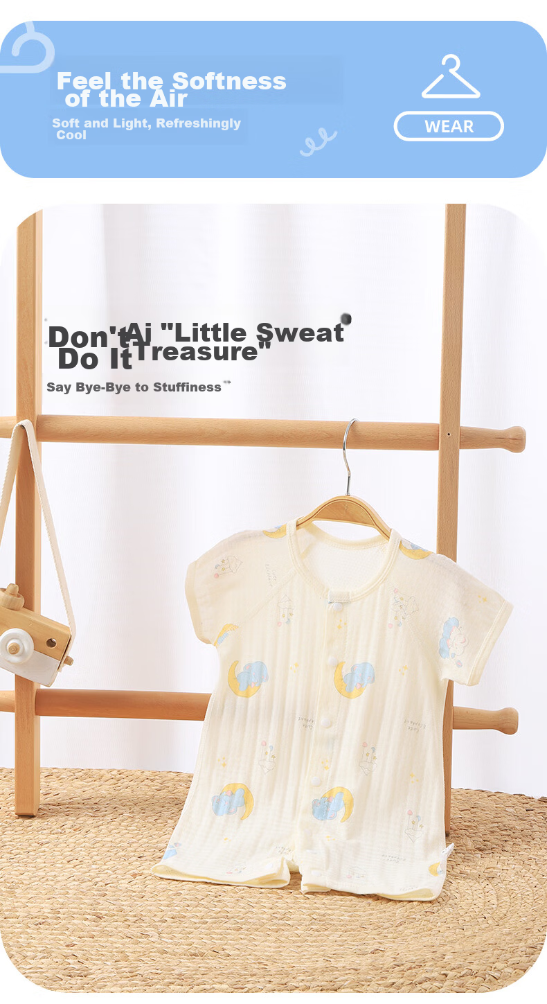 Youqi Baby Feather Cotton Short Sleeve Romper Summer Thin Mesh Back Unisex Infant Onesie Newborn Crawling Pajamas 3