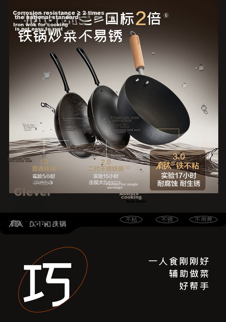SUPOR Titanium Iron Non-Stick Mini Wok Household Uncoated Stir-Fry Pan Gas and Induction Cooker Compatible EC20AYT02 10
