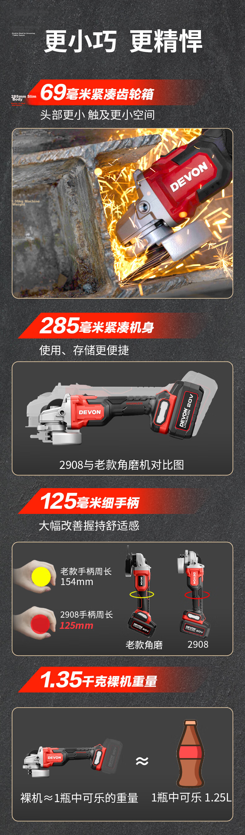 Devon 20V Lithium Battery Cordless Angle Grinder Brushless High-Speed Variable Speed Cutting and Grinding Machine 2908 Single Battery 5.0 Fast Charger 3