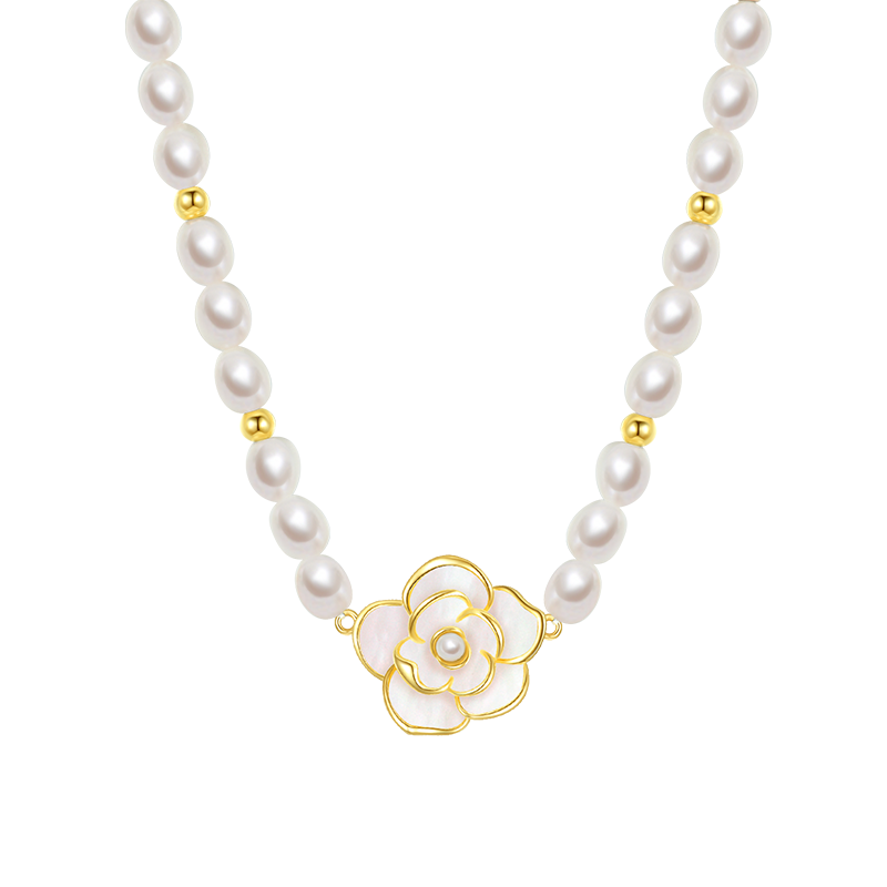 CHOW TAI SENG Camellia Pearl Necklace Sterling Silver Luxury Clavicle Chain for Women New Year Gift