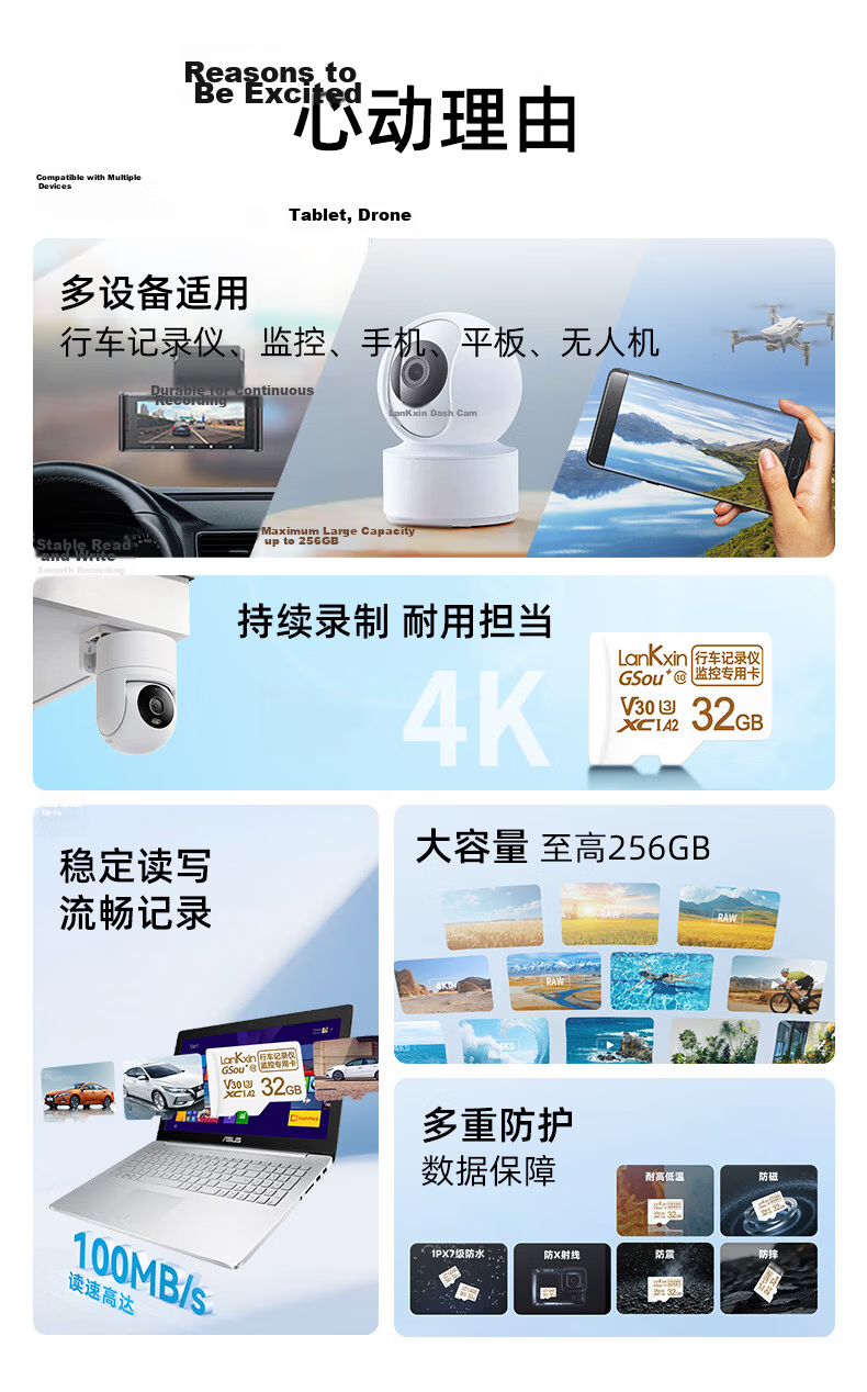 Lankxin 32GB TF (MicroSD) Memory Card C10 U3 V30 A2 100MB/s Read Speed High Durability for Dash Cam/Surveillance Use 2