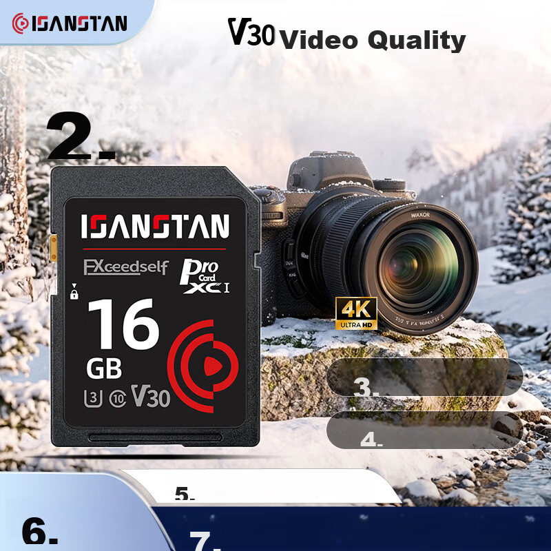 ISANSTAN Camera Memory Card 16GB Compatible with Canon/Sony/Nikon/Panasonic/Fujifilm CCD DSLR 4K Ultra HD U3 High-Speed V30 SD Storage Card