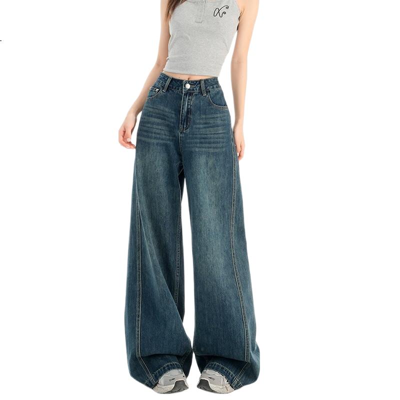 Jeanswest Women's Summer Wide-Leg High-Waist Loose Draped Slimming Floor-Length Straight-Leg Vintage Blue Jeans L