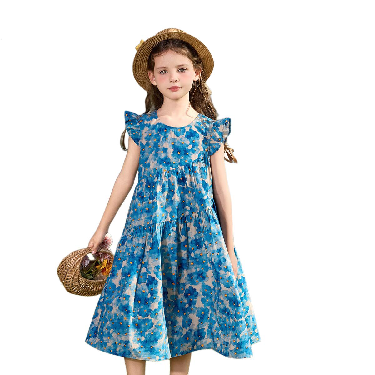 ASK JUNIOR Children's Pure Cotton Dress, Summer Short-Sleeved Dress, Floral Pattern with Ruffle Trim, Girls' Princess Dress