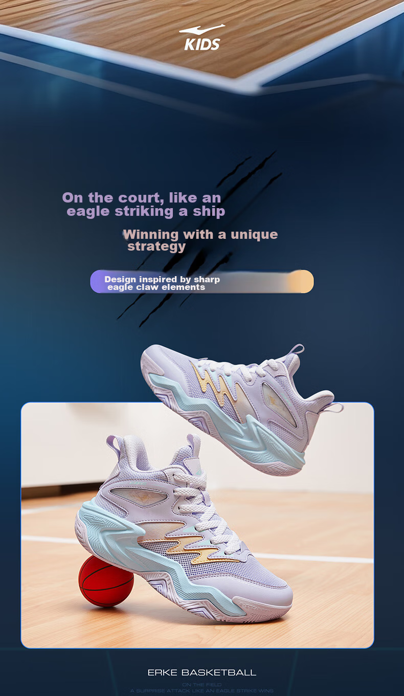 ERKE Children's Shoes, Boys' Sneakers for Older Kids, Kids' Shock-Absorbing Lace-Up Qishi 2lite Basketball Shoes, Black/micro-Crystal White, Size 38 34