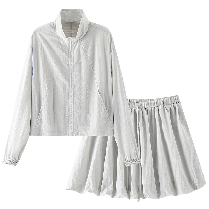 Semir Women's Autumn Lightweight Drawstring Short Jacket and Textured Loose Peplum Skirt Two-Piece Set 107525117010