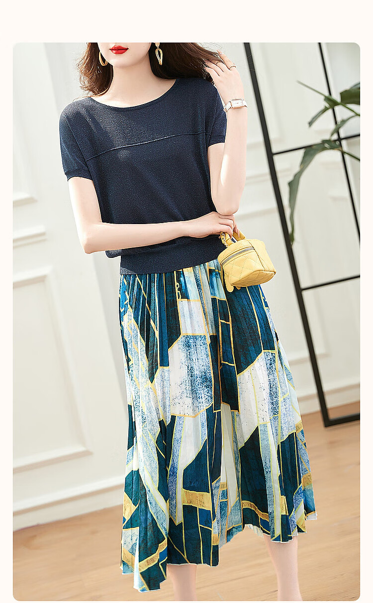 Dme [Intelligent Outfit] Spring And Autumn Ice Linen Gold And Silver Thread Top Printed Skirt Two-Piece Set for Women, Fashionable 3
