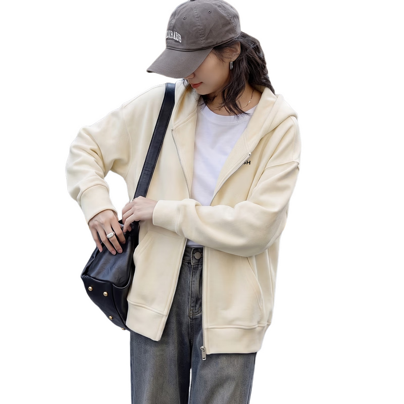 Chushen Spring and Autumn Casual Short Jacket Women Zipper Design Hooded Pocket Sweatshirt Loose Top S143U1003