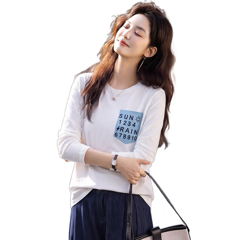 Chushen Spring And Autumn Long-Sleeve T-Shirt for Women, Versatile Letter Patchwork Round Neck Base Shirt, Casual Loose Top S143T2014