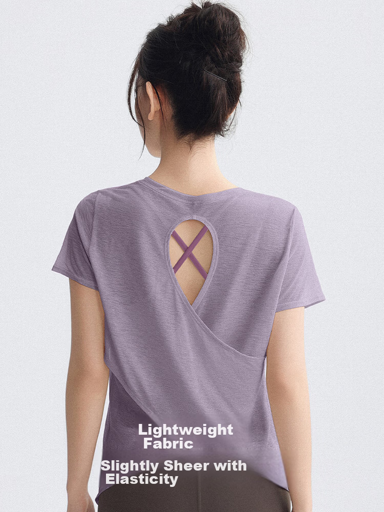 DRUR Loose Fit Back-Open Yoga T-Shirt Women Short Sleeve Quick-Dry High Elasticity One-Piece Running Sports Bra Top 15