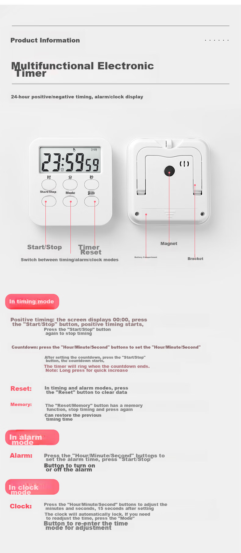 GEDUN Stopwatch Timer Alarm Clock, Kitchen Baking Soup Timer, Clock Reminder for Students, White 12