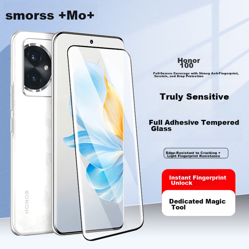 Smorss Honor 100 Full Adhesive Tempered Glass Screen Protector Ultra-Thin HD Anti-Fingerprint Full Coverage Curved Glass Film for Honor 100 Smartphone