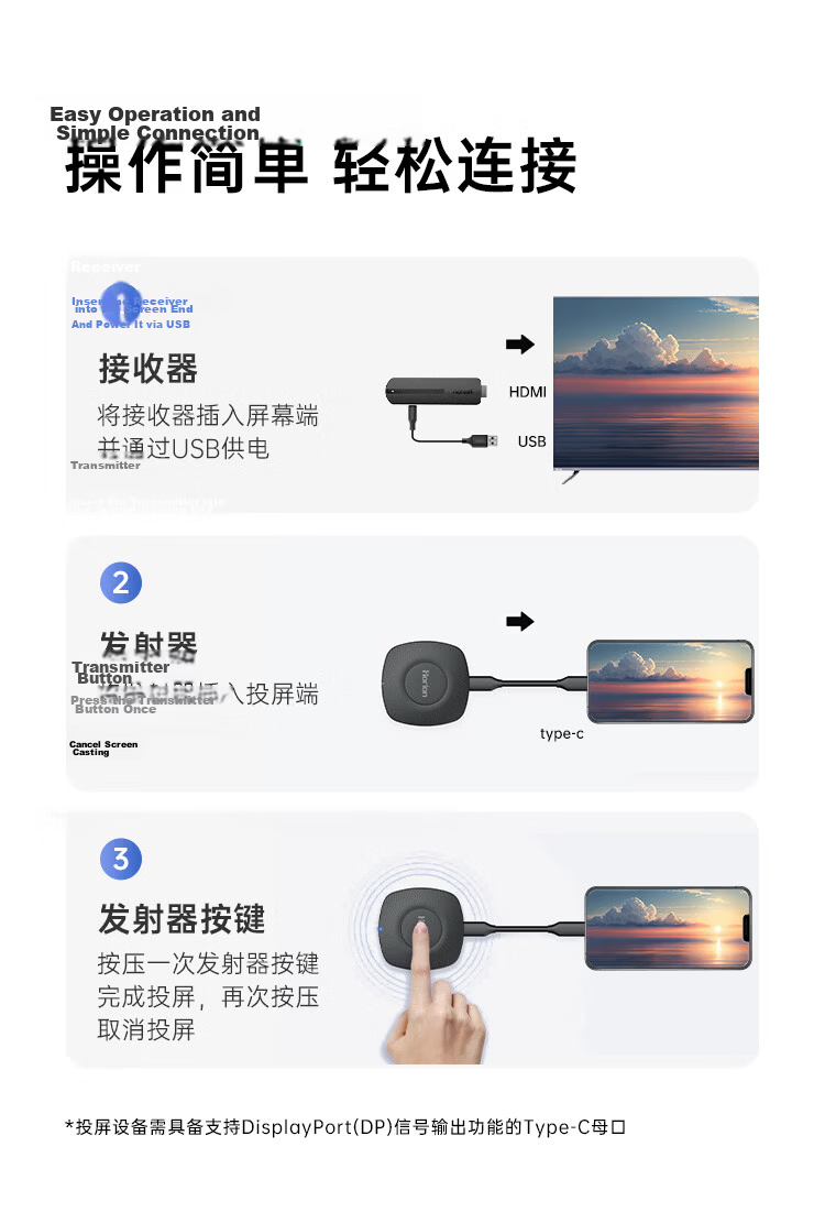 Haoli Wireless Screen Mirroring 4K HD Video HDMI Transmitter Receiver for Apple Huawei Xiaomi Phones Computers TV Monitor Projector HG-1S 13