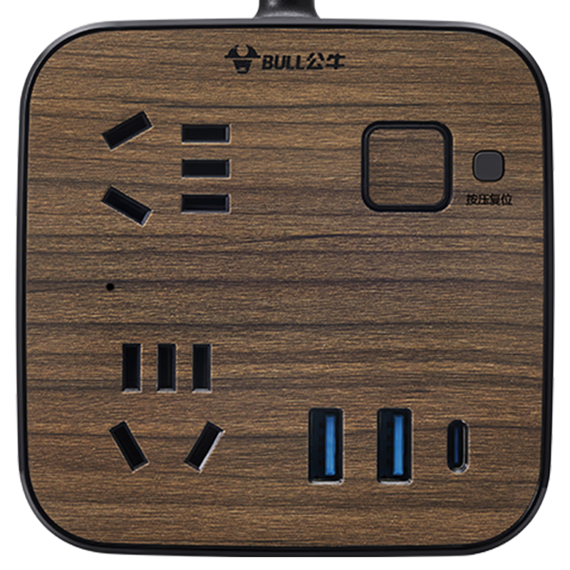 BULL 30000mAh PD Apple Fast Charging Power Strip/surge Protector/power Bar/extension Cord, 3 USB Ports + 4 Outlets, Black Wood Grain, 1.8 Meters Long, GN-R322Q30