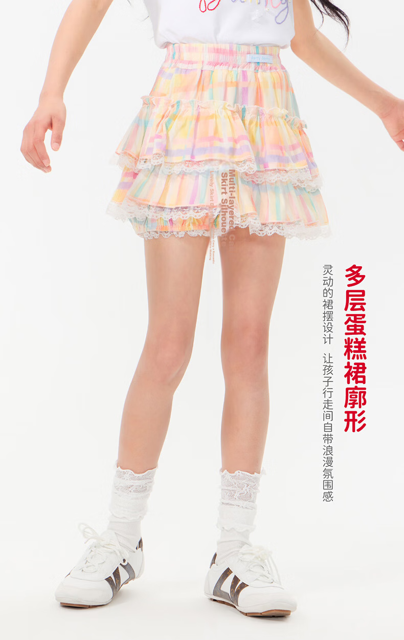 BARRY BANNY Girls Gradient Skirt 2026 Summer Kids Anti-Exposure Lace Short Skirt 8027 Pastel 160 8