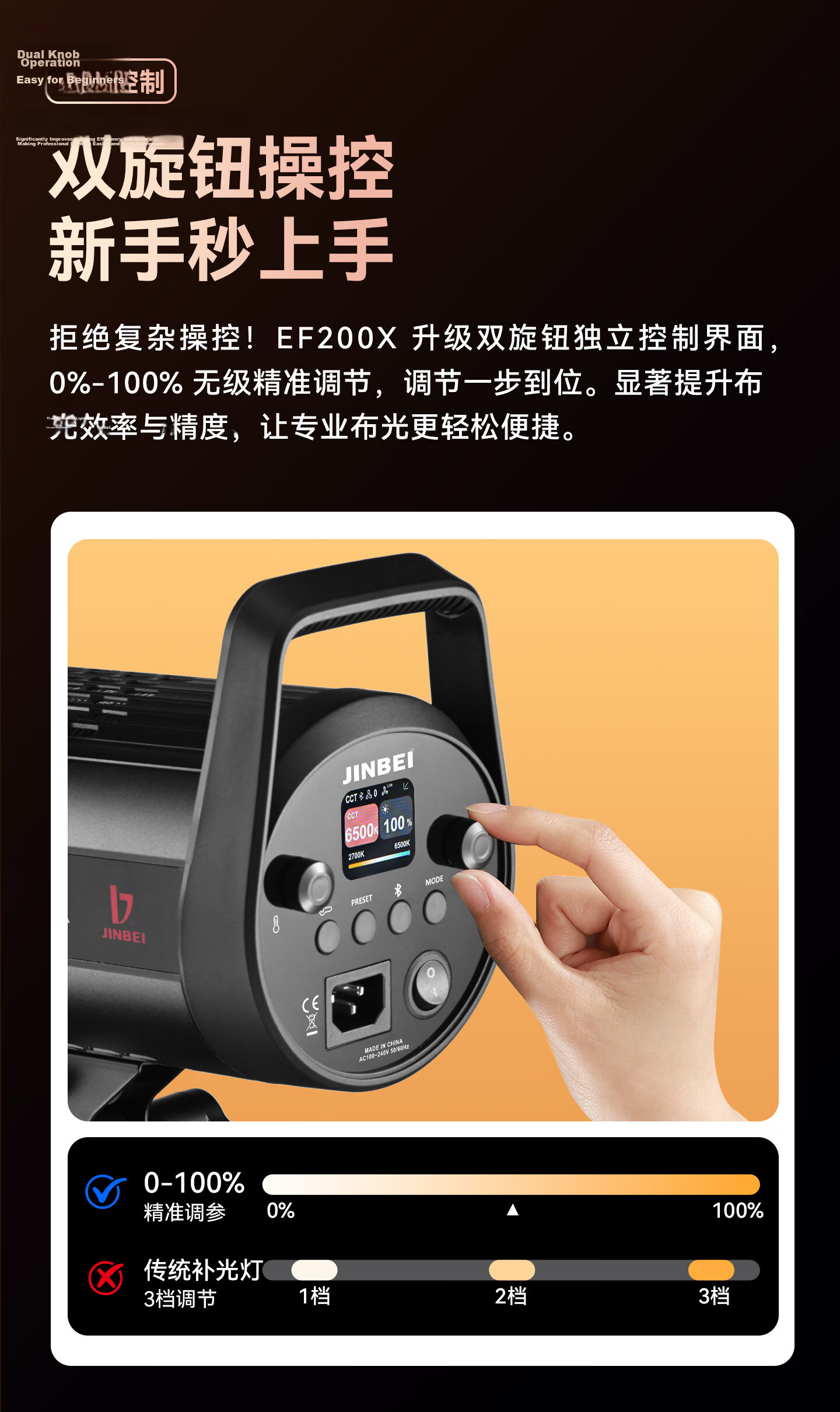 JINBEI EF200X Bi-Color Live Streaming Photography Fill Light 200W Studio Portrait Hair Light Dedicated Film and Television Light for Hosts 7
