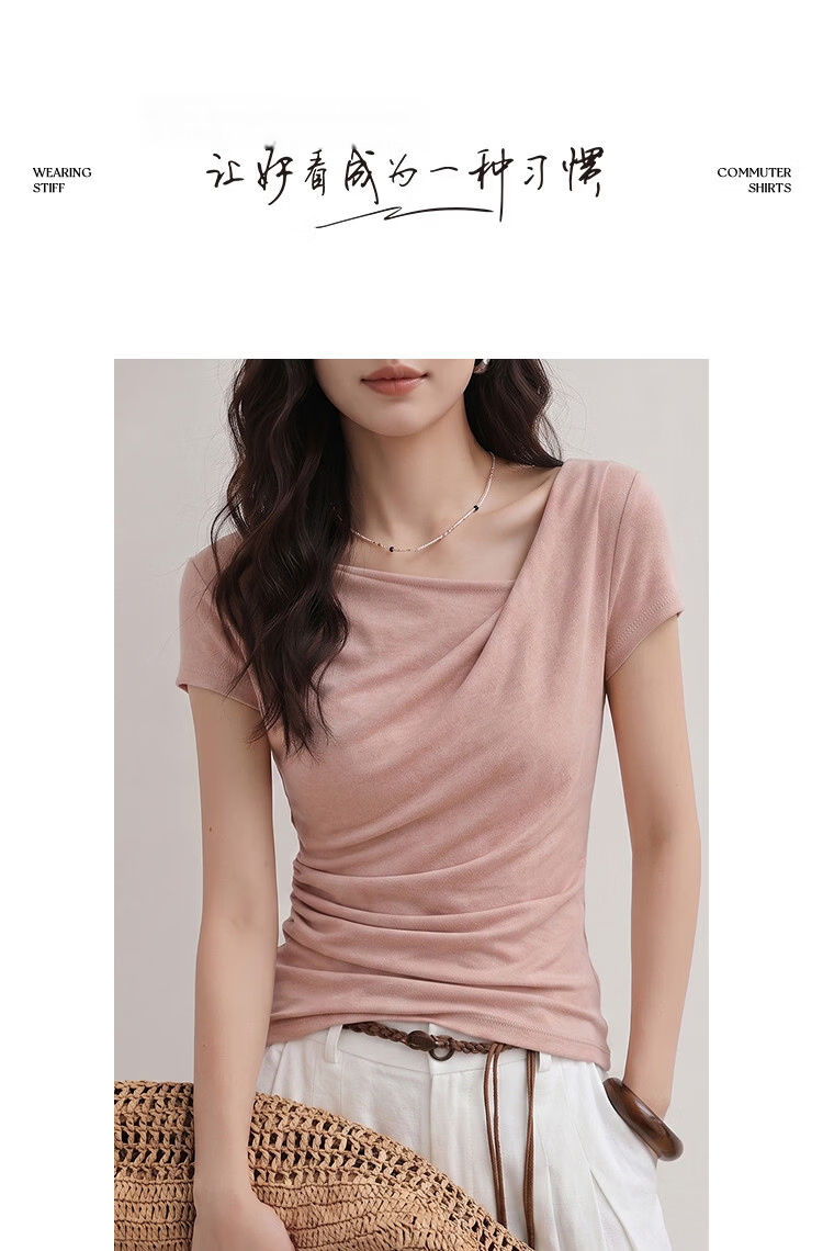 Demana [With Wool and Lyocell] Summer Fashion Urban Twist Off-Shoulder Short Sleeve Slim T-Shirt for Petite Women 12