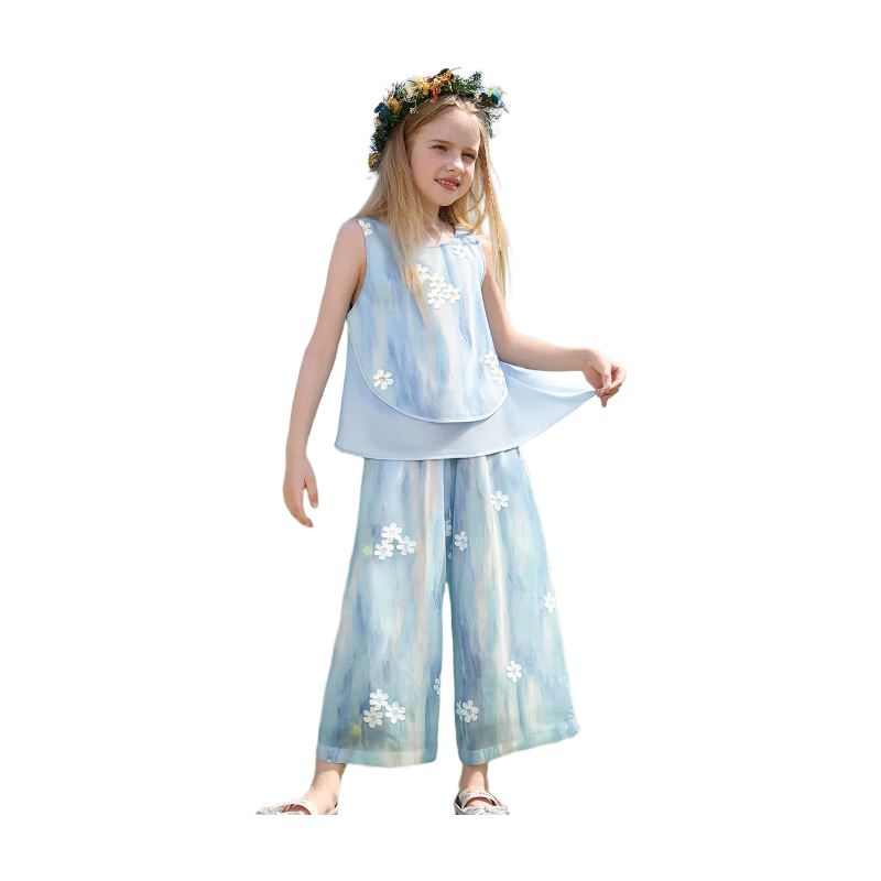 ASK JUNIOR Chinese Style New Summer Children's Set Qipao Collar Top Girls Draped Straight Pants