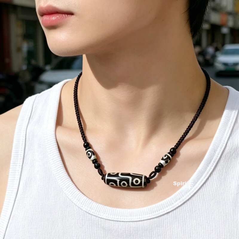 Lingfei Nine-Eyed Dzi Bead Pendant Necklace Black and White Agate Pendant Couple Qixi Festival Gift Unisex with Certificate