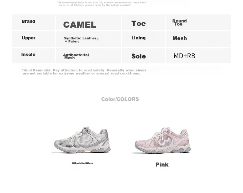 CAMEL Lightweight Cloud Training Shoes Women Naiwa Collaboration Height Increasing Thick Sole Casual Sports Shoes L26SXG3217 Off-White/Silver Size 38 13