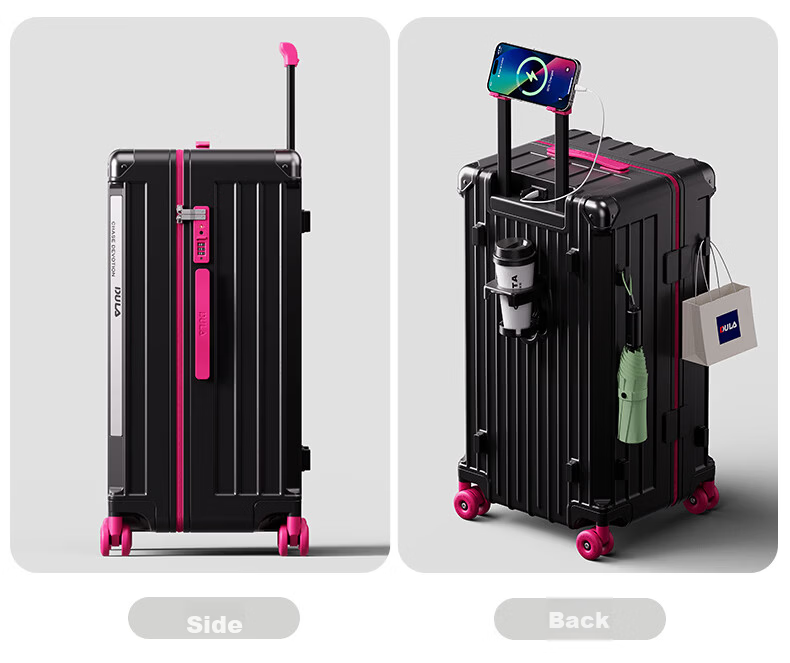 DULA Innovative Plastic Frame PC Luggage Large Capacity Cup Holder Trolley Case Travel Suitcase Password Lock 28 Inch Slate Brown 34