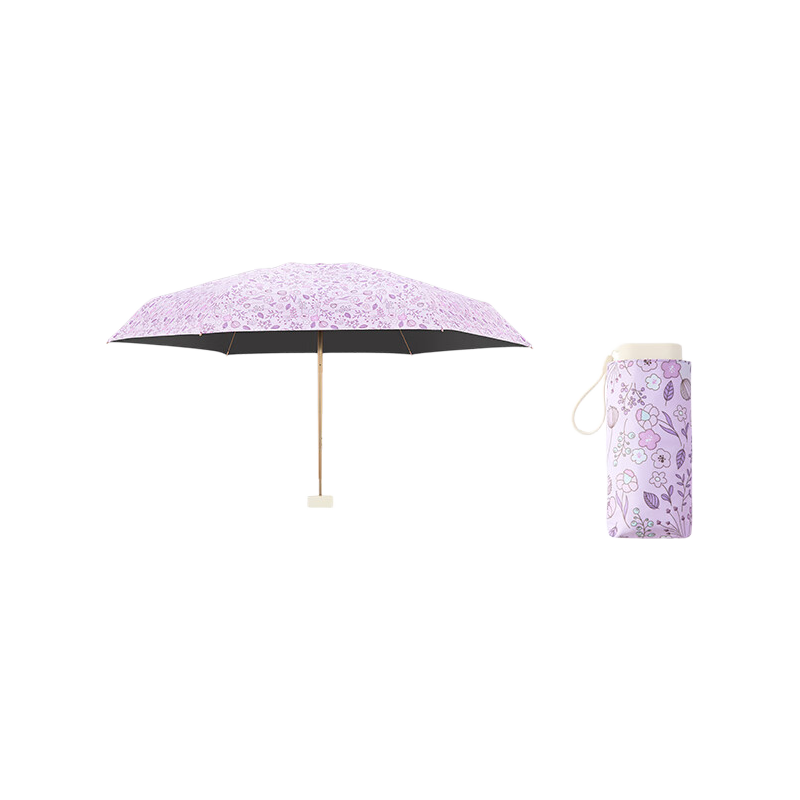 Tiantangshan UV Protection Folding Umbrella, Sun Umbrella with Pocket Capsule, Floral Pattern, Five-Fold Black Gel Sunscreen, Lavender Purple