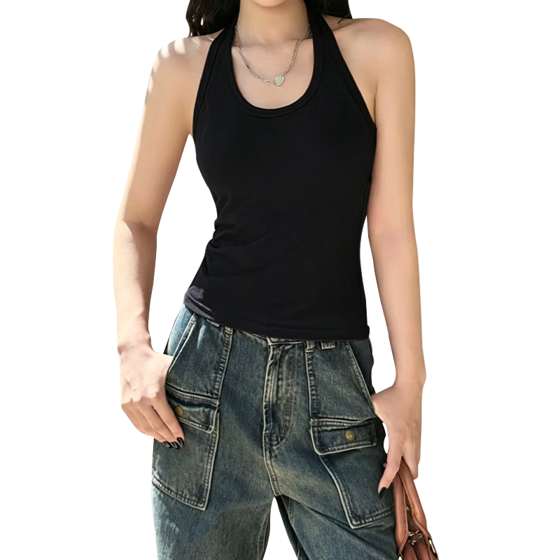Xunmianren Open Back Halter Tank Top Breathable Padded Versatile Slim Fit Fashionable Innerwear Outerwear
