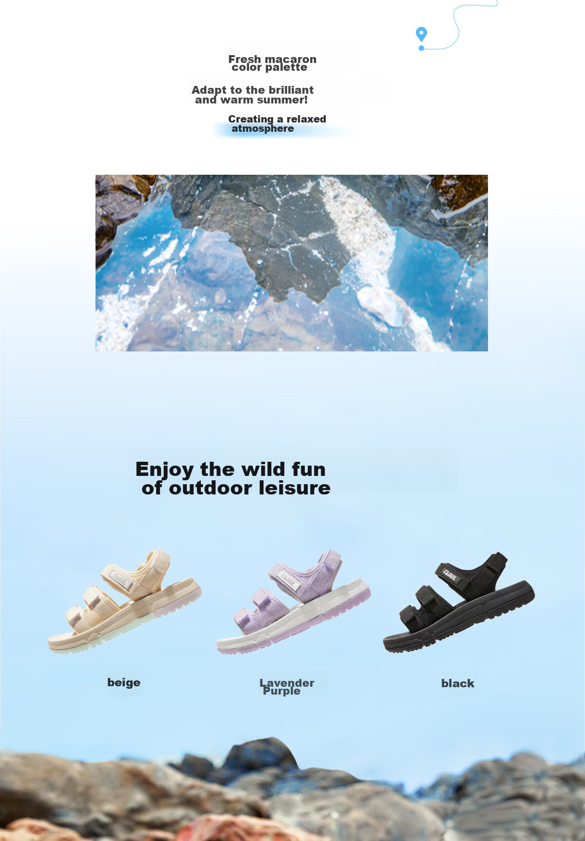CAMEL Velcro Contrast Color Beach Sandals, Women's Sports Casual Shoes, K24B16L2010, Lavender Purple, Size 38 38